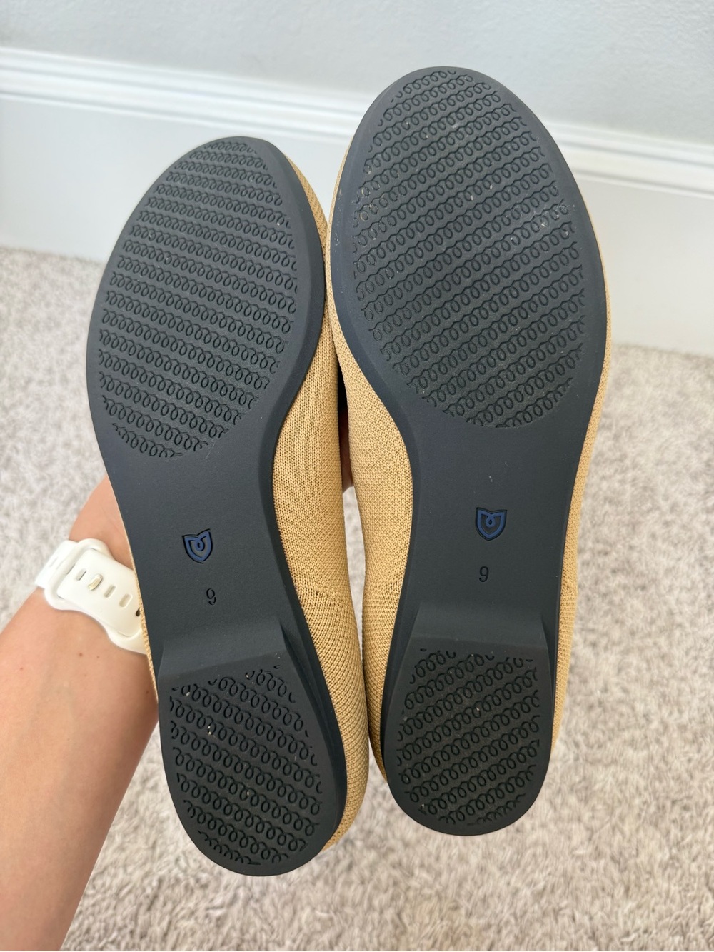 Rothy's Tan Round Toe Ballet Flats with Black Trim and Bow - Picture 9 of 11